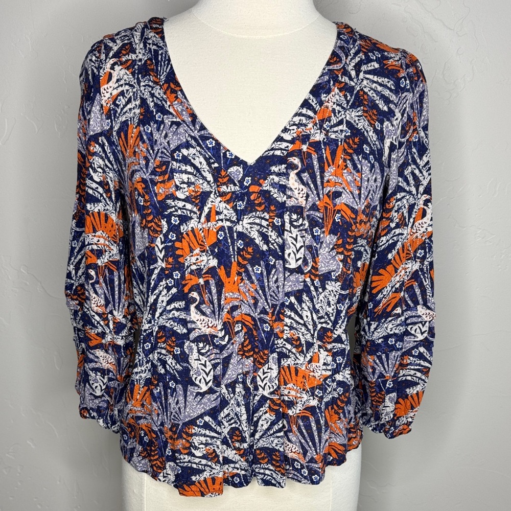 Maeve Jungle Animal V Neck Top - Navy and Tangerine
